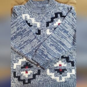 Huntington Ridge Blue Hand Knit  Patterned Sweater. Sz L